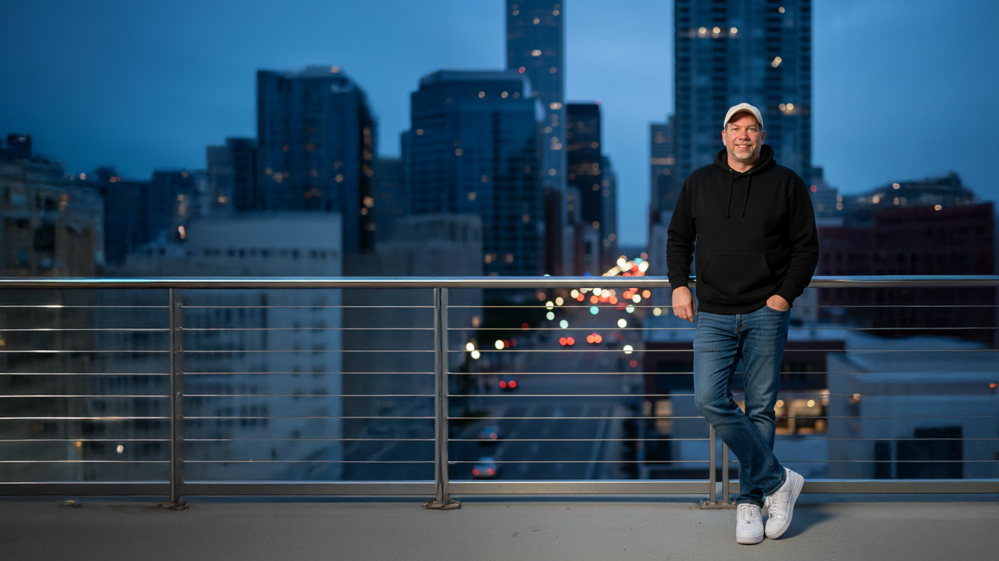 Rob Estep on a rooftop in Phoenix at blue hour